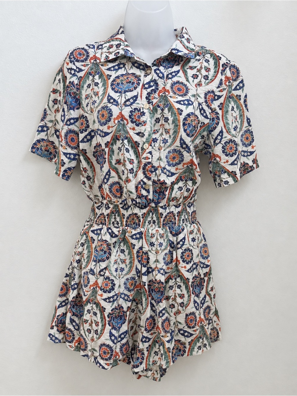 THML Romper Small Floral Paisley Smocked Waist Pockets